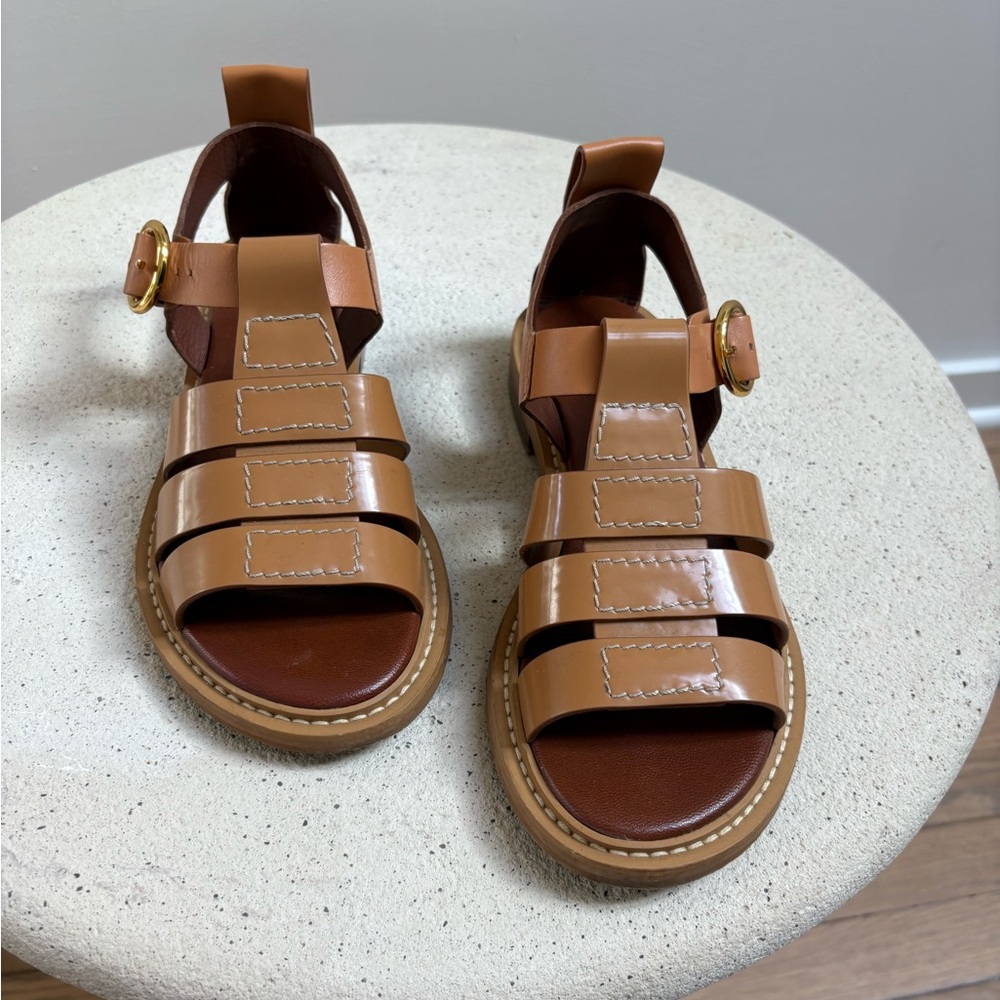 See By Chloe Tan Sandals with Gold Buckles